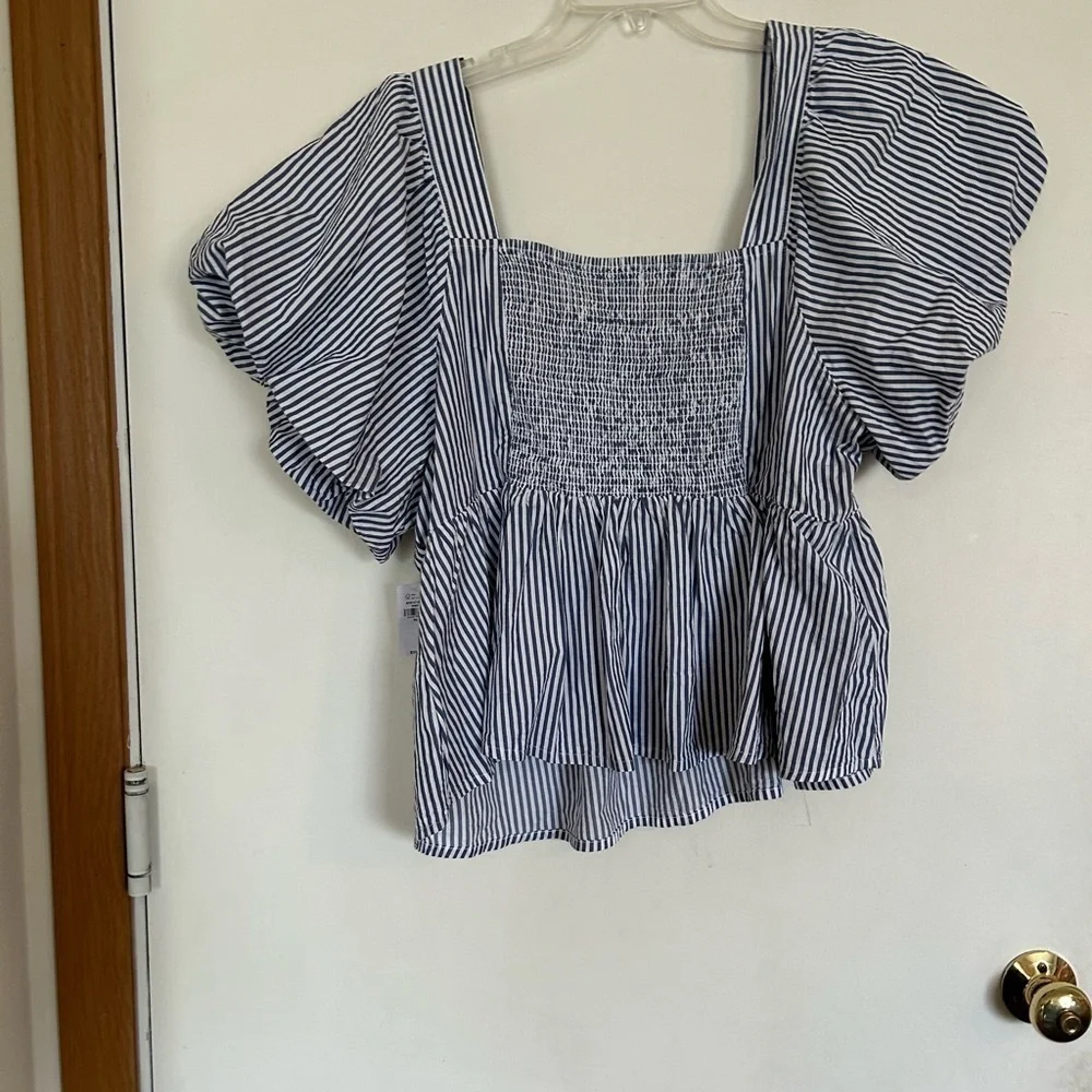 NWT extra large old, navy blue and white, striped baby doll, puff sleeve top